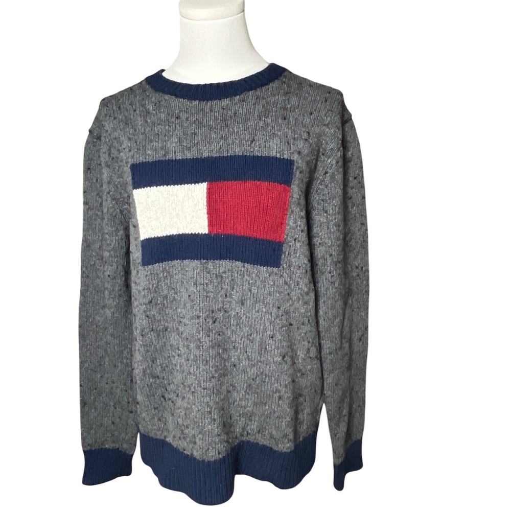 Tommy Hilfiger Flad Knit Sweater Wool Blend Gray Blue‎ Men M Vintage Style